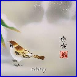 Japanese Painting Hanging Scroll Sparrow, Bamboo in The Snow Asian Antique 9te