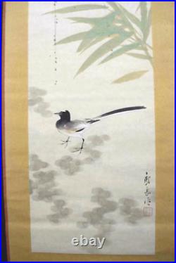 Japanese Painting Hanging Scroll Wagtail Bird under Willow Asian Antique vl