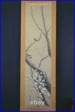 Japanese Painting Hanging Scroll White Plum and Sparrow Bird Asian Antique we6