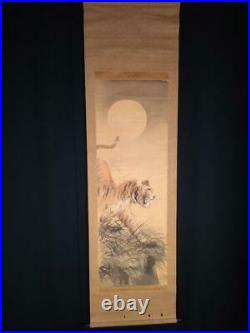 Japanese Painting Hanging Scroll Wild Tiger Under The Moon Asian Antique p4y