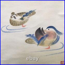 Japanese Painting Hanging Scroll Willow and Ducks withBox Asian Antique x7