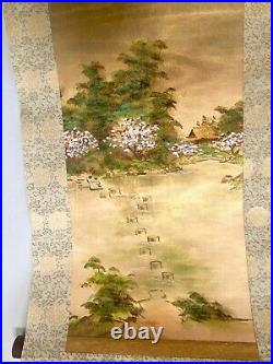 Japanese Painting on Silk Scroll Wall Hanging Landscape Scene Vintage/Antique