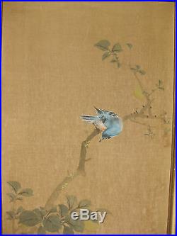 Japanese Painting on Silk, singing bird, flower & spider, Kamijima Sosui