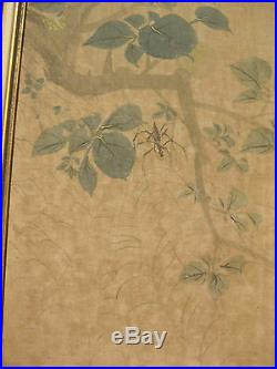 Japanese Painting on Silk, singing bird, flower & spider, Kamijima Sosui