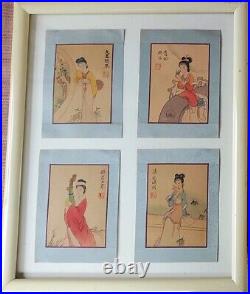 Japanese Paintings Bijin-ga Ukiyo-e Watercolors 8 Panels 2 Large Frames