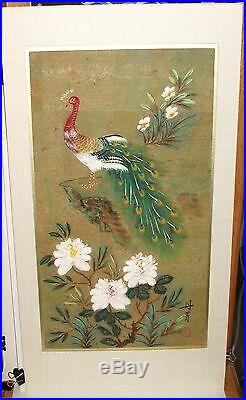 Japanese Peacock Bird And Floral Watercolor Painting Signed