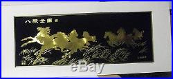 Japanese Runnung Horses Gold Leaf Foil On Black Velvet Large Signed Painting