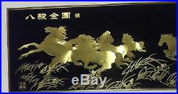 Japanese Runnung Horses Gold Leaf Foil On Black Velvet Large Signed Painting