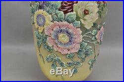 Japanese Satsuma Floral Moriage Vase Ceramic Handles Hand Painted 13 Meiji