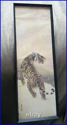 Japanese Scroll Art Painting on Paper Tiger In Snow -Signed Framed Meiji