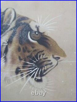 Japanese Scroll Art Painting on Paper Tiger In Snow -Signed Framed Meiji