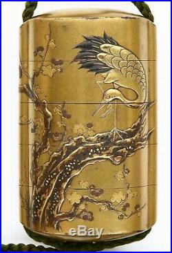 Japanese Signed Makie Inro Crane Plum Edo Meiji Pill box Lacquer painting A03
