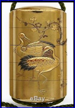 Japanese Signed Makie Inro Crane Plum Edo Meiji Pill box Lacquer painting A03