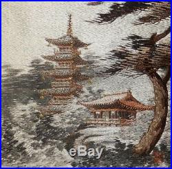 Japanese Silk Embroidery Tapestry Temples Landscape Painting Signed