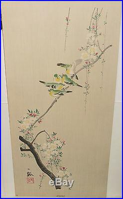 Japanese Spring Bird On White Flower Tree Watercolor Painting Signed