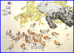 Japanese Sumi-e Painting Silk Hanging Scroll Birds Nature Tsun Ming Chmielinski