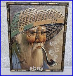 Japanese Tobacco Leaf Paintings Signed Gris Smoking Man and Wife Framed Oil VTG