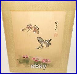 Japanese Two Butterflies Original Watercolor On Silk Painting Signed