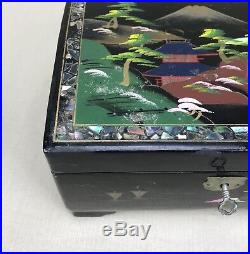 Japanese Vintage Jewelry & Music Box Hand Painted Black Lacquered Inlay Antique