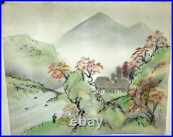 Japanese Vintage Silk Watercolor River Bridge Landscape Painting #3