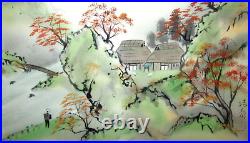 Japanese Vintage Silk Watercolor River Bridge Landscape Painting #3