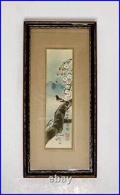 Japanese Watercolor Painting Vintage Antique Floral, Birds, Mountains Framed