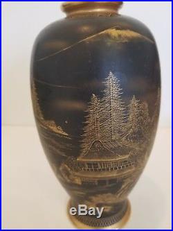 Japanese antique Satsuma Vase, Black and Gold matte, Hand painted and stamped