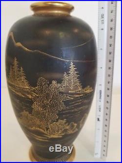 Japanese antique Satsuma Vase, Black and Gold matte, Hand painted and stamped