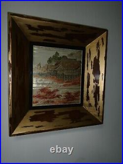Japanese embroidery picture set within unusual frame nice colours