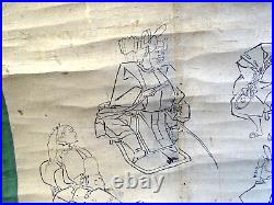 Japanese old antique drawing makimono figures daily scenes distressed condition