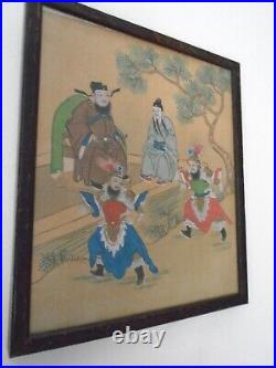 Japanese pair of Original paintings on silk set in Oak frames