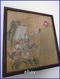 Japanese pair of Original paintings on silk set in Oak frames