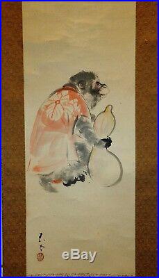 Japanese watercolor painting scroll legend of macaque monkey stealing wine