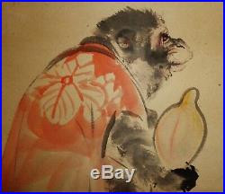Japanese watercolor painting scroll legend of macaque monkey stealing wine