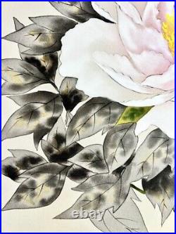 KAKEJIKU Japanese Hanging Scroll Wide Silk Painting Signed Peony Flowers
