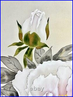 KAKEJIKU Japanese Hanging Scroll Wide Silk Painting Signed Peony Flowers