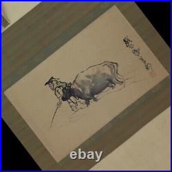 KAKEJIKU Kishi Ganku Original Painting Cow Pulling Hanging Scroll with Box