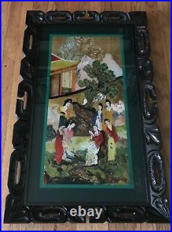 LG Antique Japanese Reverse Oil Painting On Glass-19th C Asian Art