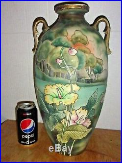 Large Antique 16 Moriage Hand Painted Vase with Unusual Metal Base