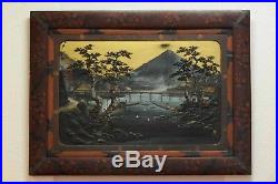 Large Japanese Painting witf Relief Mount Fuji Antique Meiji Ca 1900