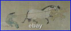 Large Vintage Japanese Woodblock of Horse Trainers. 29 ½ x 13 1/8