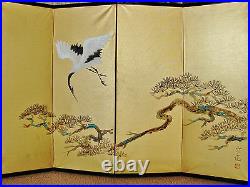 Late 18th C. Kano School 4 Folding Panel Screen Signed Crane Painting on Silk