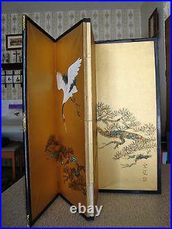 Late 18th C. Kano School 4 Folding Panel Screen Signed Crane Painting on Silk