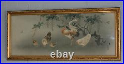 Late Meiji Period Japanese Oriental Framed Painting Chicken Rooster Chicks