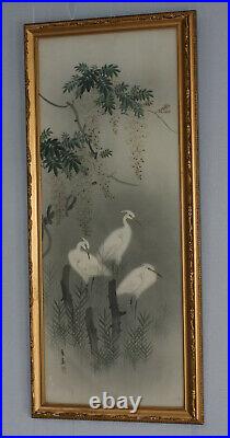 Late Meiji Period Japanese Oriental Framed Painting Cranes
