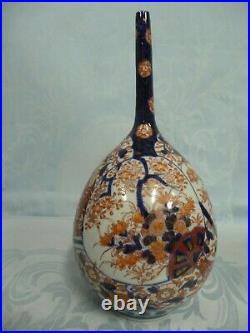 Magnificent Pair Of Antique Hand Painted Imari Japanese Bottle Neck Vases