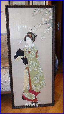 Meiji Large antique Japanese silk painting Beauty framed and signed