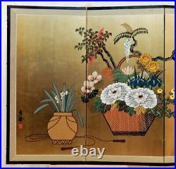 Mid 20th C. Japanese 4-Panel Byobu Flowers in Pots Original Hand Signed Painted