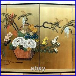Mid 20th C. Japanese 4-Panel Byobu Flowers in Pots Original Hand Signed Painted