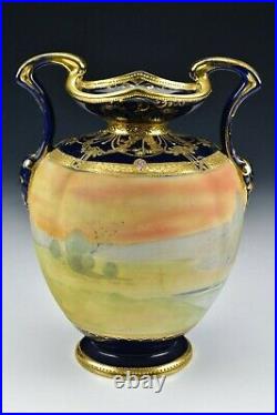 Nippon Morimura Cobalt Hand Painted Enamel Jeweled Vase Raised Gold